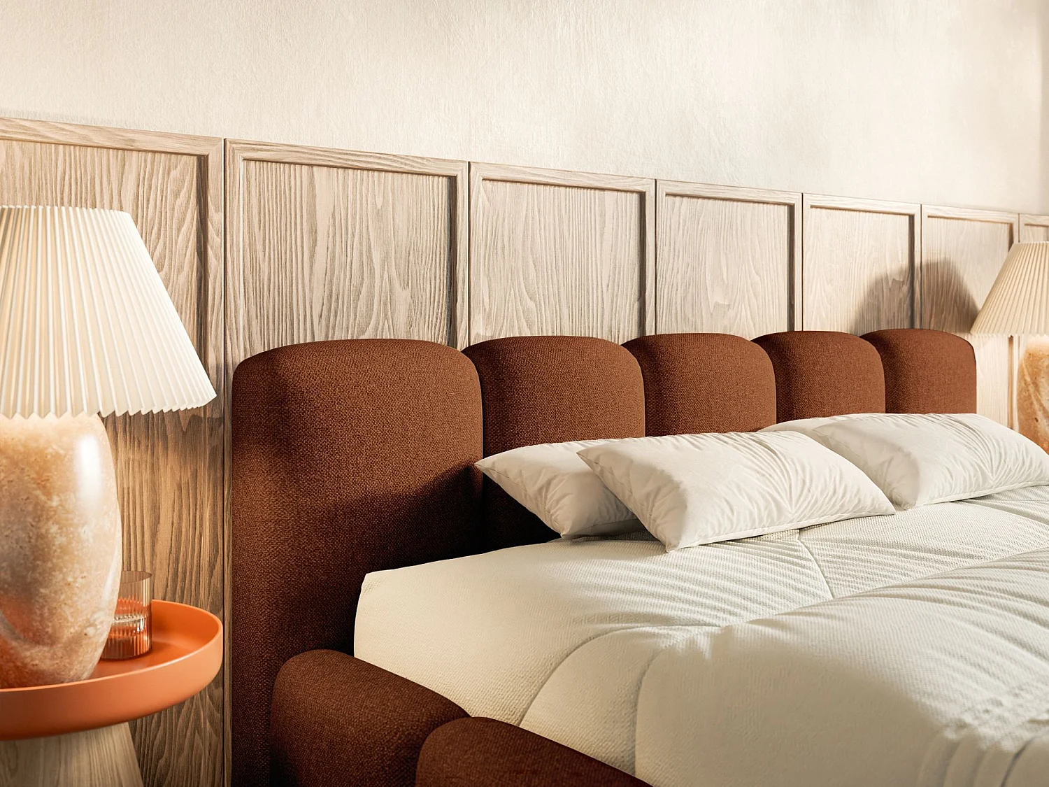 Lit coffre 140x200 avec coffre – sommier à lattes – chenille hydrophobe – cuivre – CLOUDY LOW