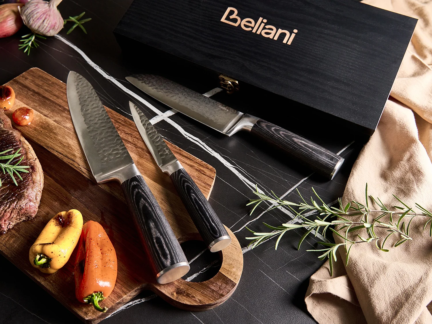 Set of 3 Knives Damascus Steel KASHIWA Black