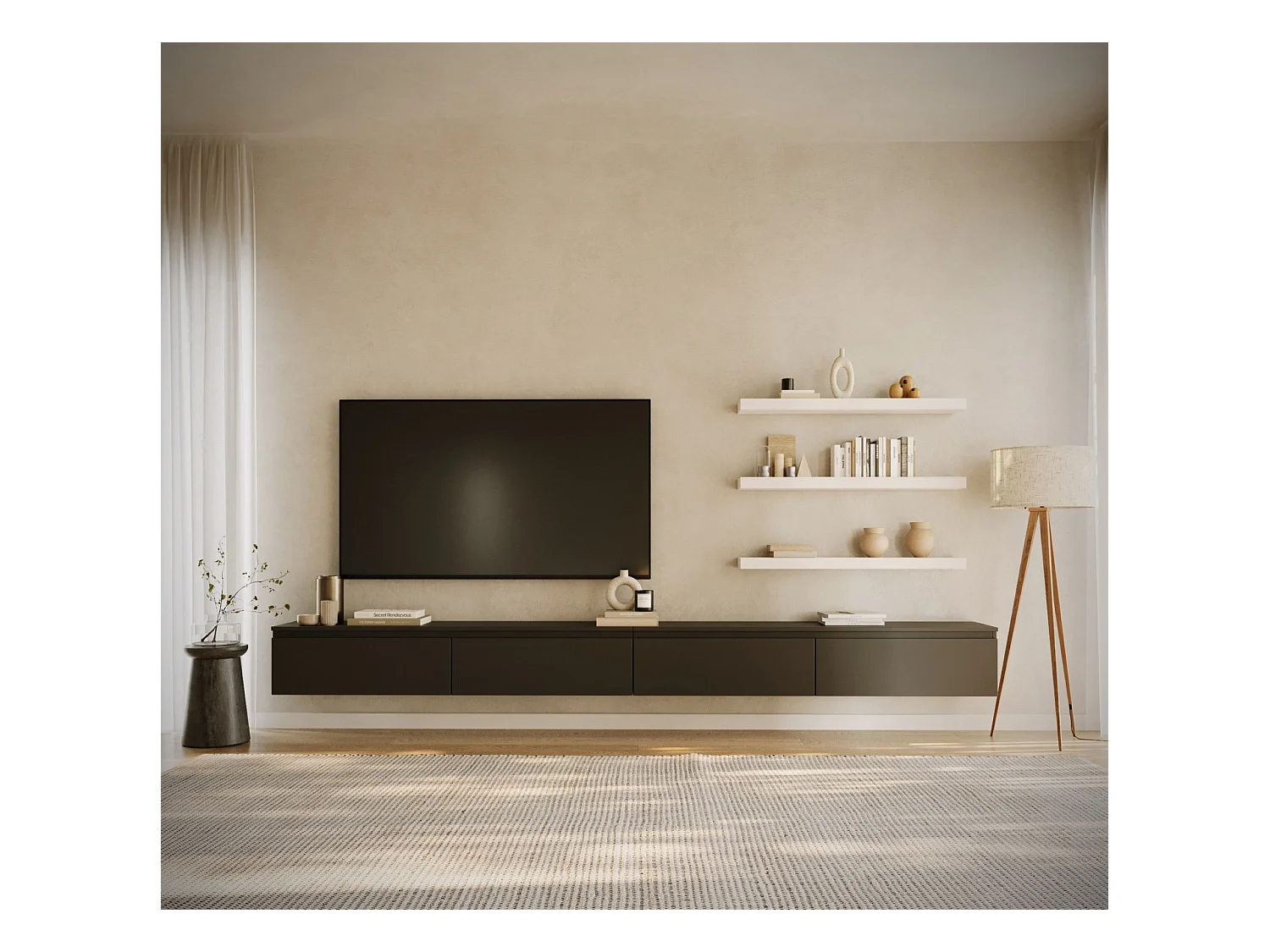 Meuble TV mural à 4 abattants – noir – 300 cm – BEMMI