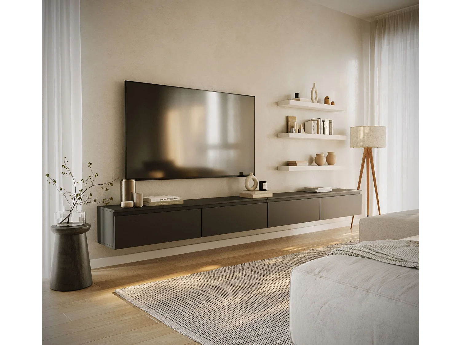 Meuble TV mural à 4 abattants – noir – 300 cm – BEMMI