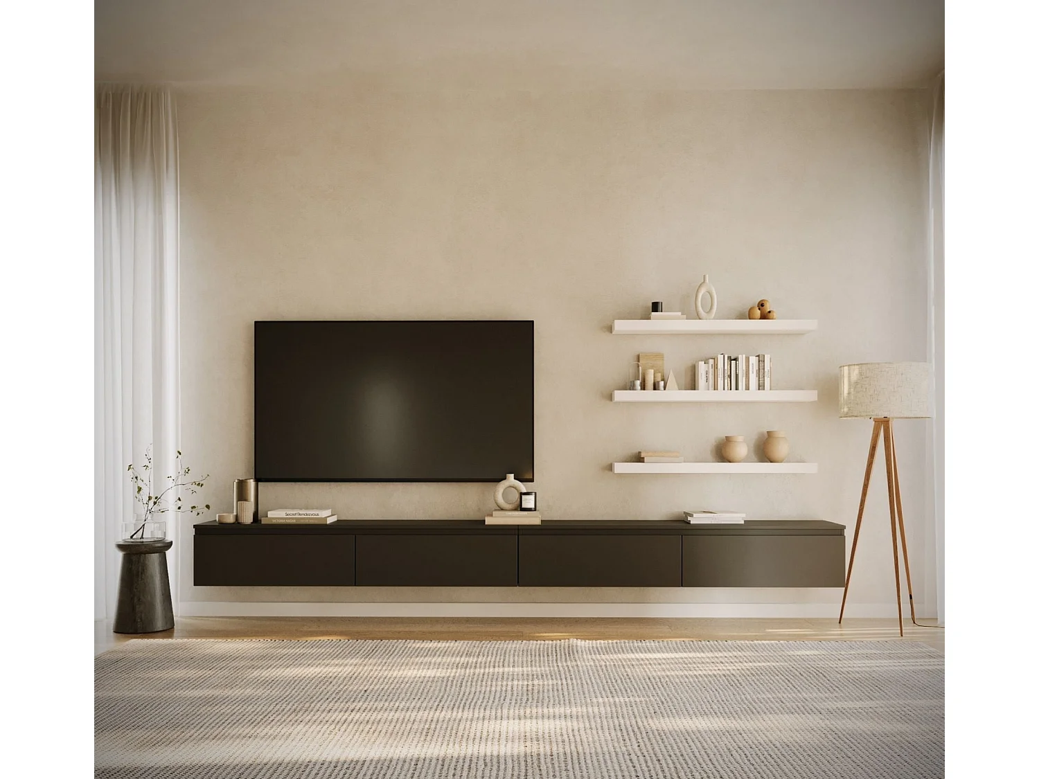 Hangend tv-meubel met 4 kleppen – 300 cm – zwart – BEMMI