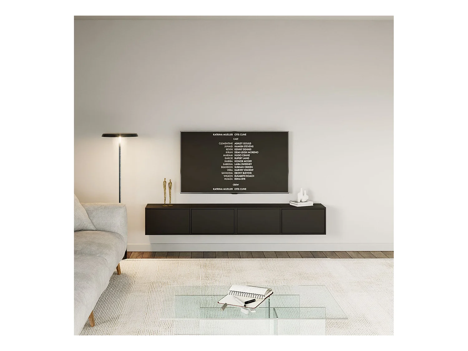 Meuble TV mural à 4 abattants – noir – 200 cm – FRAMME