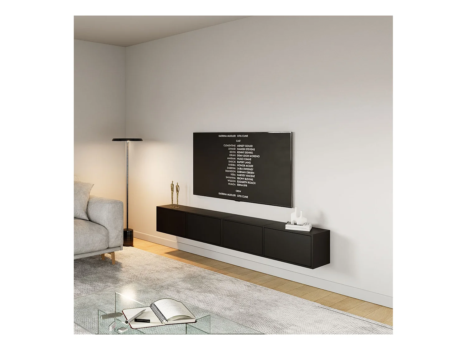 Meuble TV mural à 4 abattants – noir – 200 cm – FRAMME