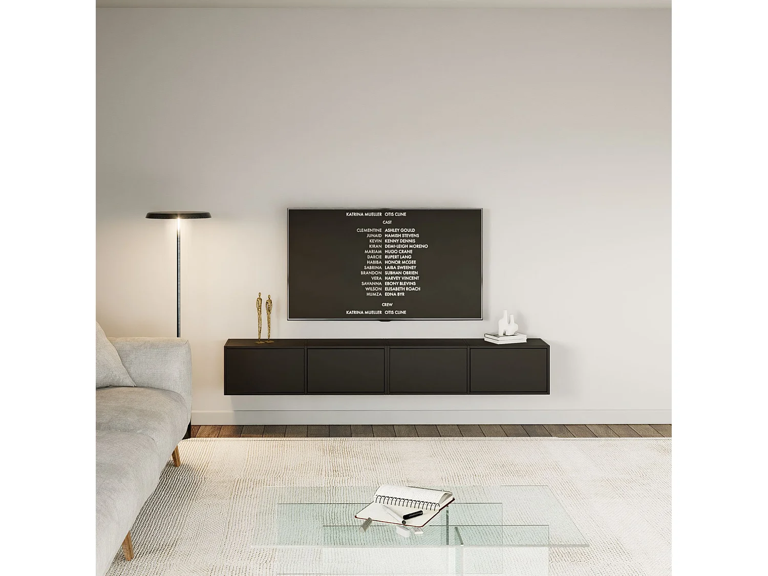 Meuble TV mural à 4 abattants – noir – 200 cm – FRAMME