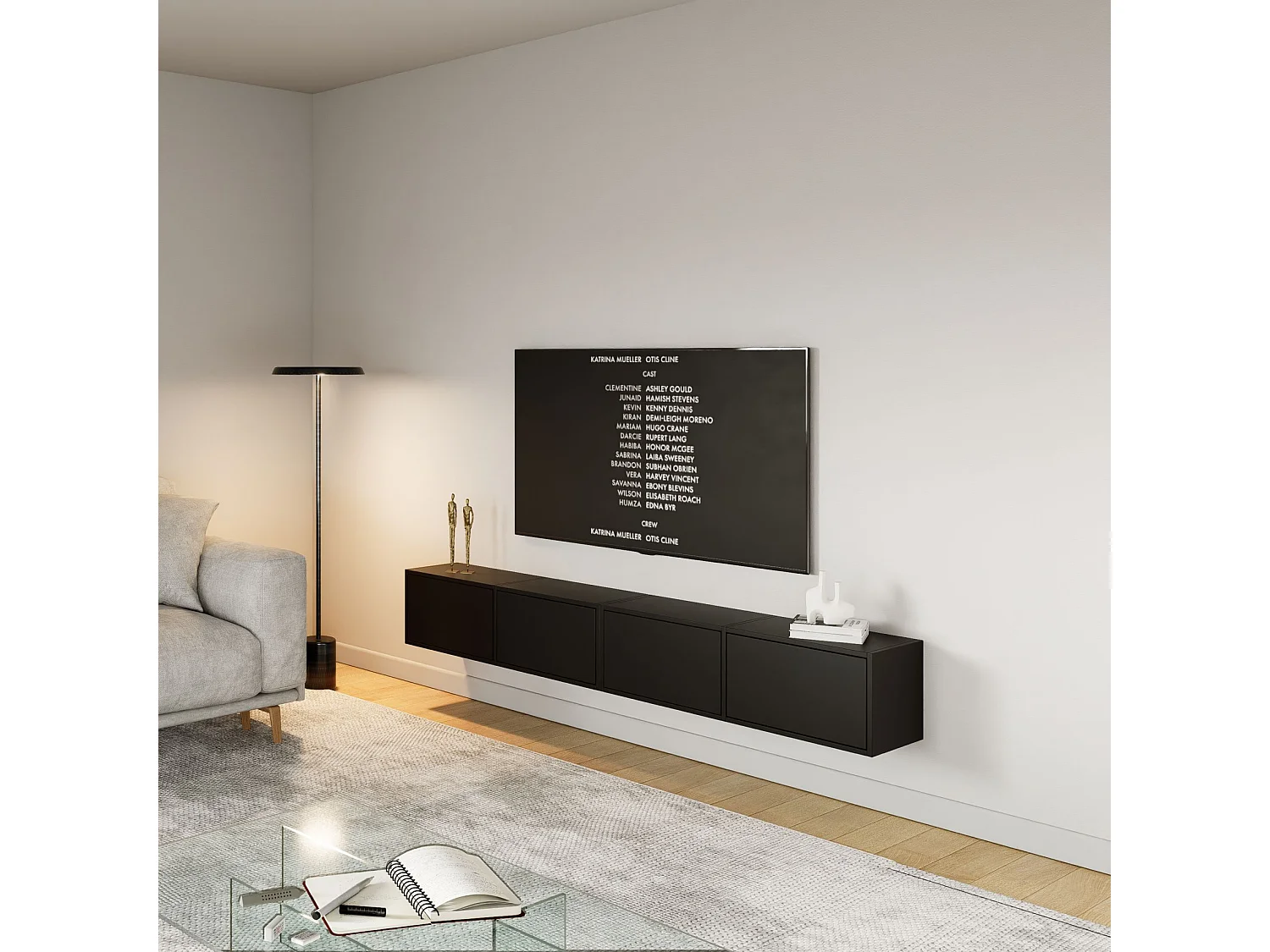 Meuble TV mural à 4 abattants – noir – 200 cm – FRAMME