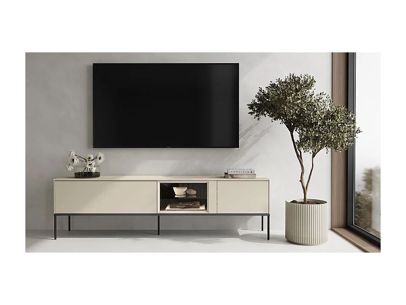 Meuble TV bas avec vitrine en verre éclairée – crème – 196 cm – BELLEZO