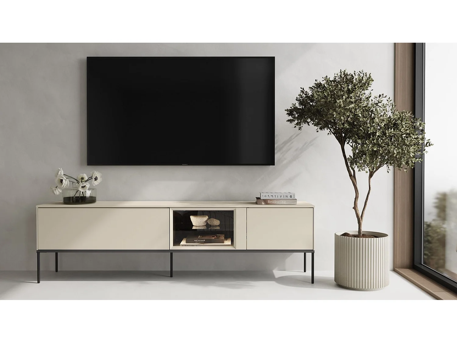 Meuble TV bas avec vitrine en verre éclairée – crème – 196 cm – BELLEZO