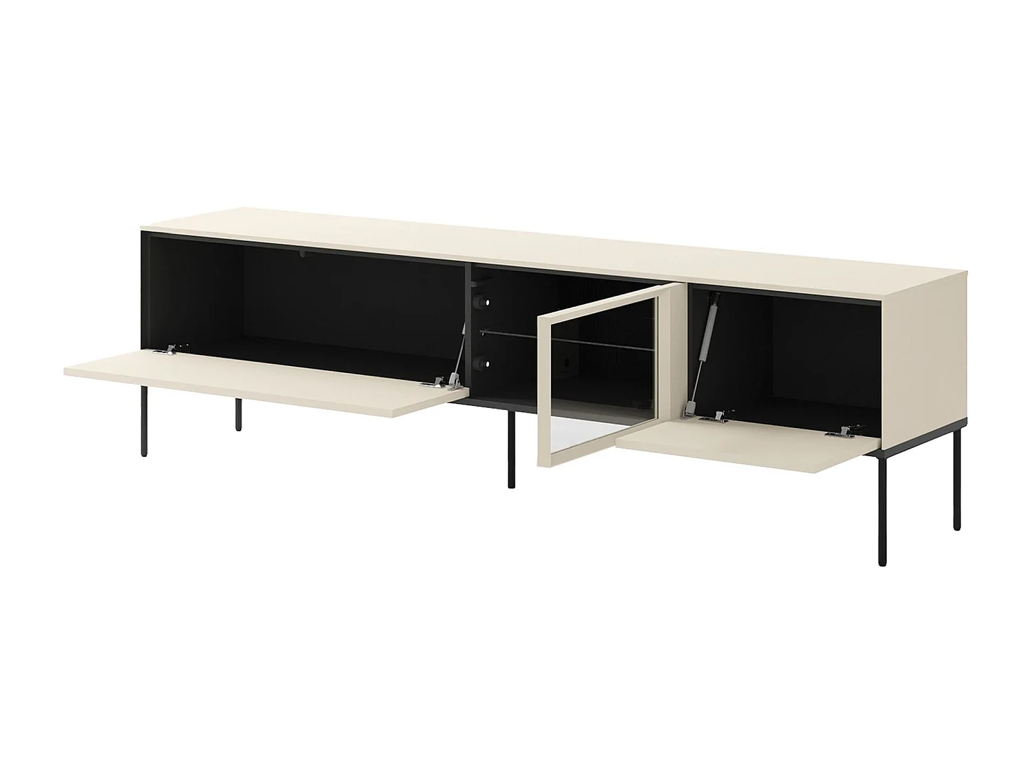 Meuble TV bas avec vitrine en verre éclairée – crème – 196 cm – BELLEZO