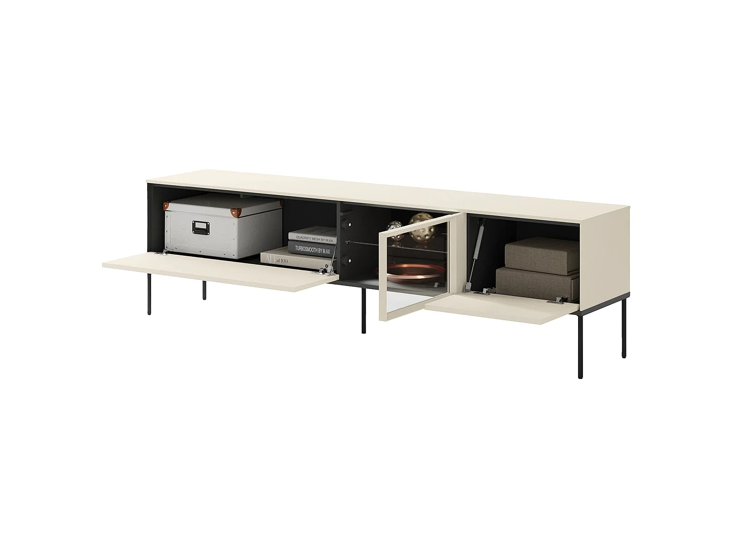 TV-lowboard met verlichte vitrinekast van glas – 196 cm – crème – BELLEZO