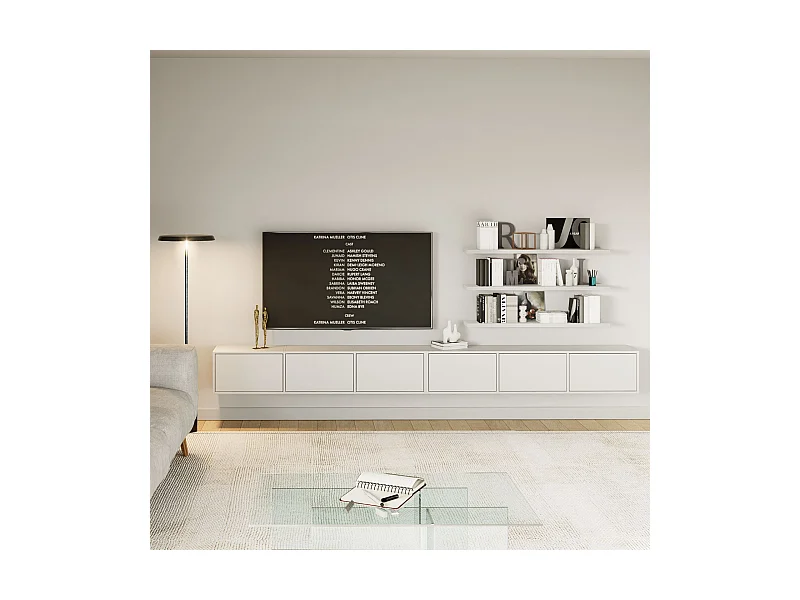 Meuble TV mural à 6 abattants – blanc – 300 cm – FRAMME