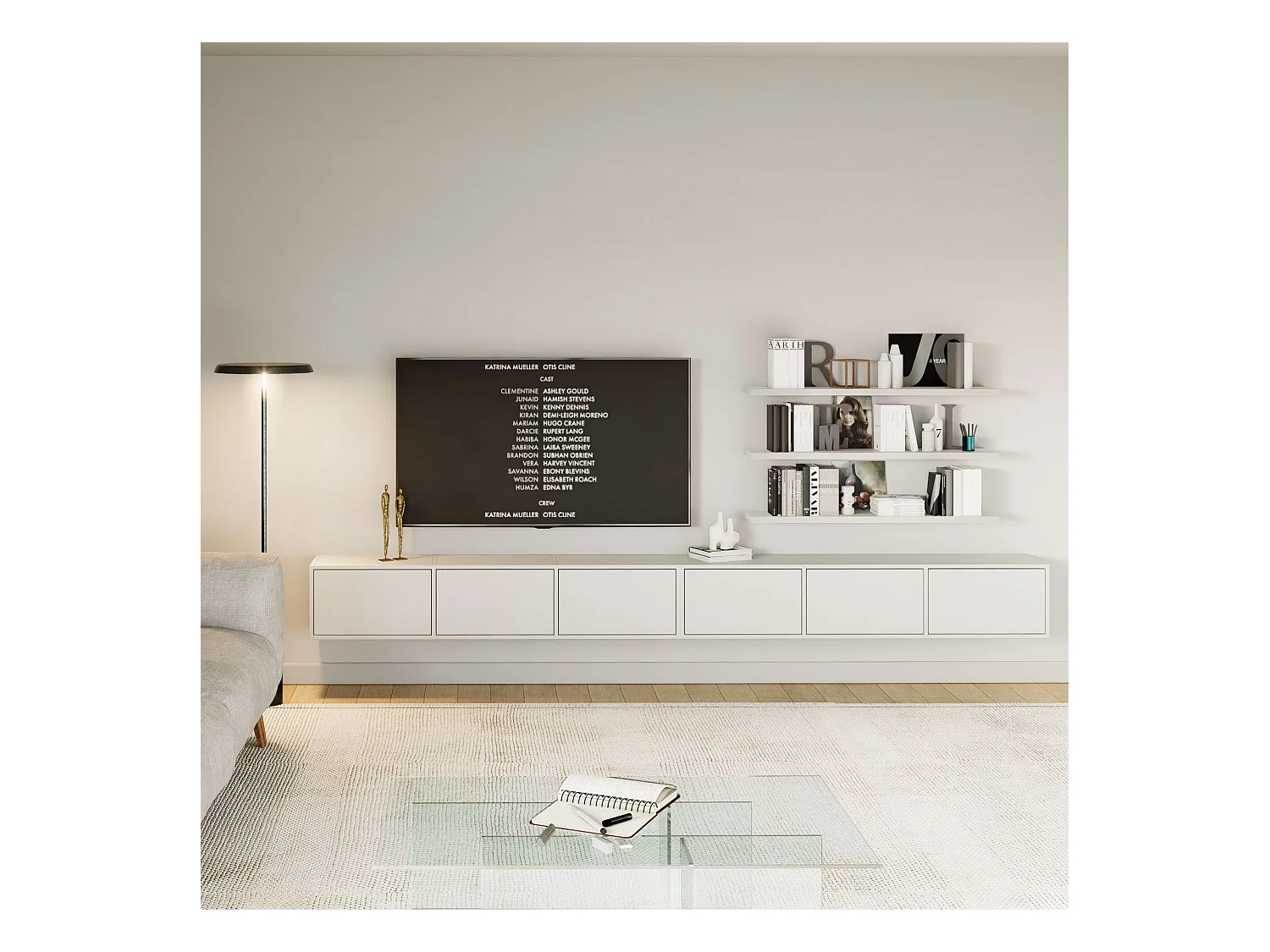 Hangend tv-meubel met 6 kleppen – 300 cm – wit – FRAMME