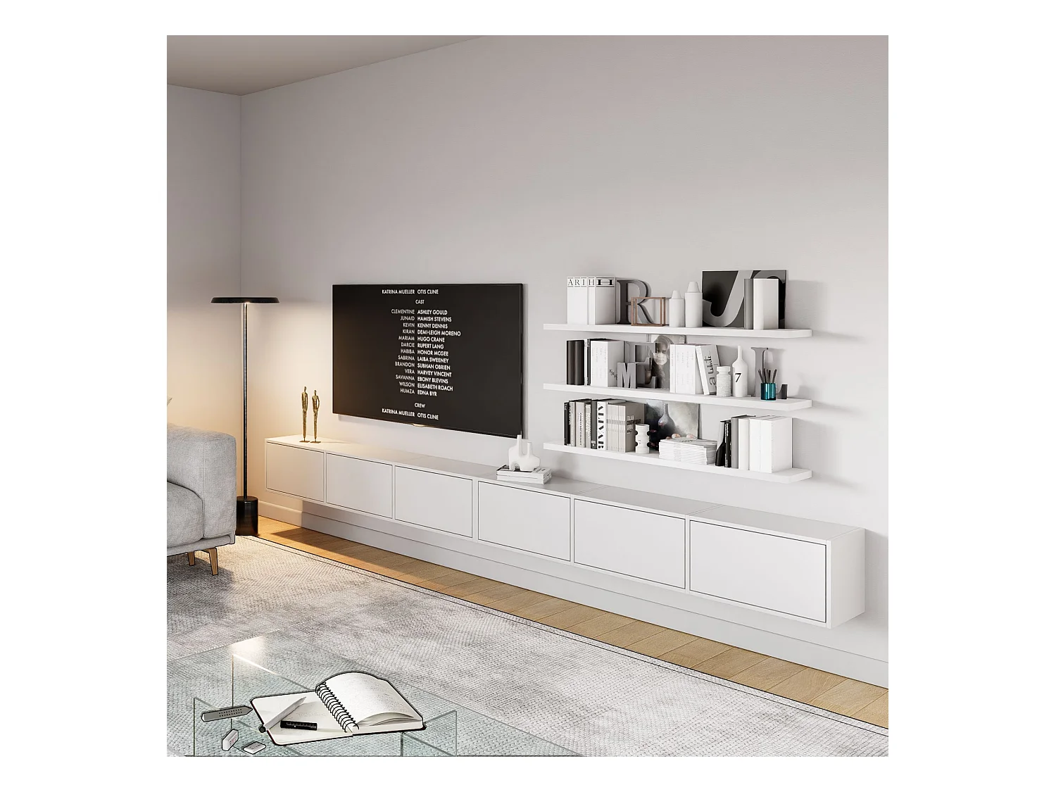 Hangend tv-meubel met 6 kleppen – 300 cm – wit – FRAMME