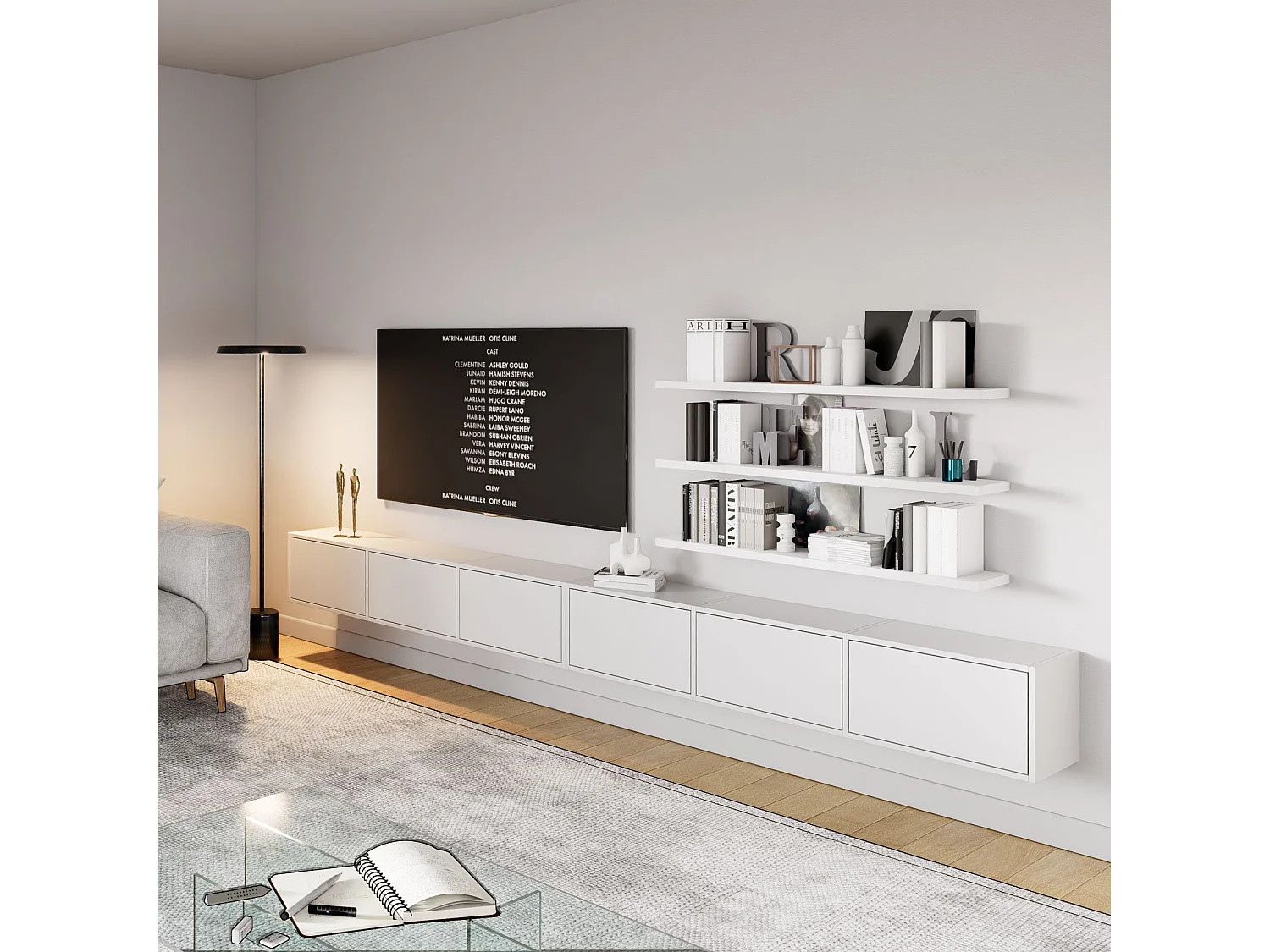 Meuble TV mural à 6 abattants – blanc – 300 cm – FRAMME