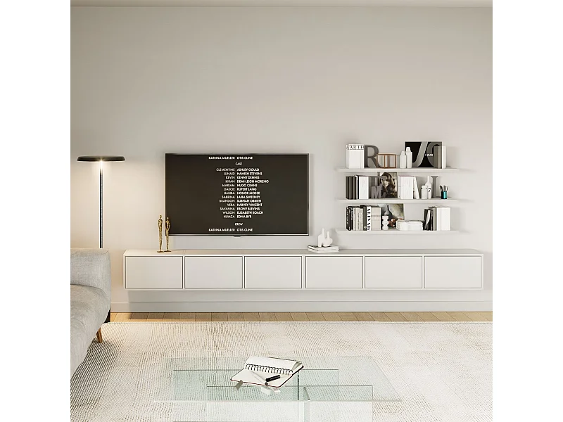 Meuble TV mural à 6 abattants – blanc – 300 cm – FRAMME