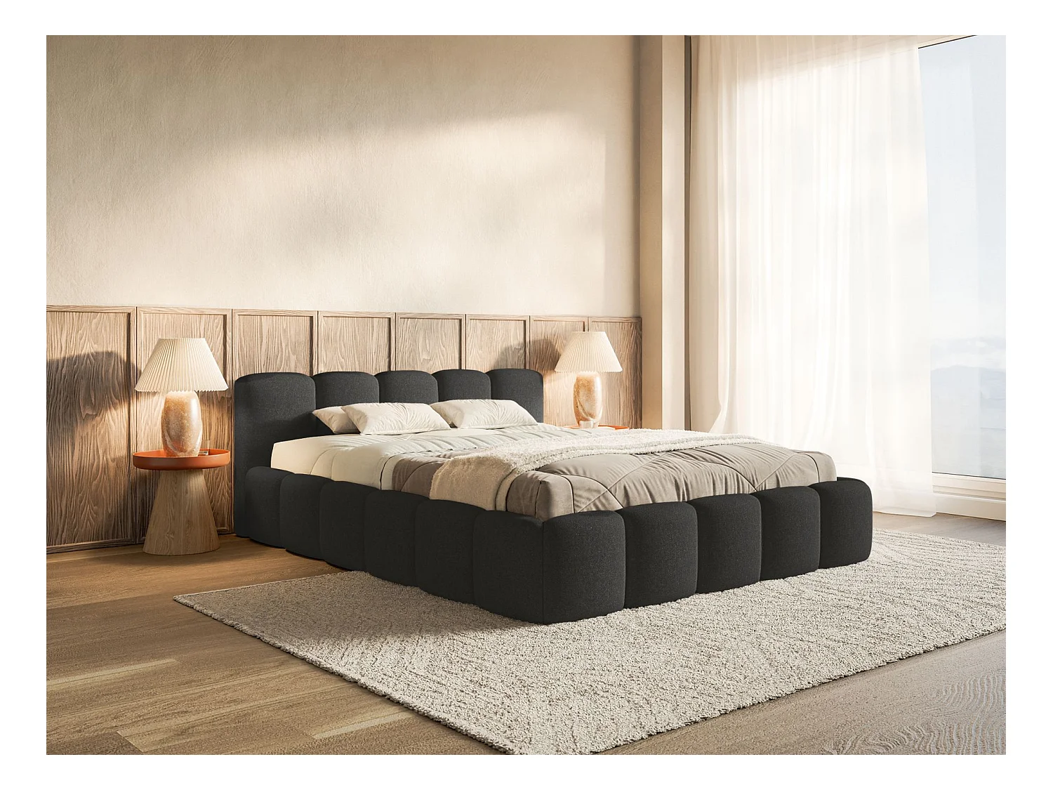 Opbergbed 200x200 cm – met lattenbodem – chenille – grafietgrijs – CLOUDY LOW