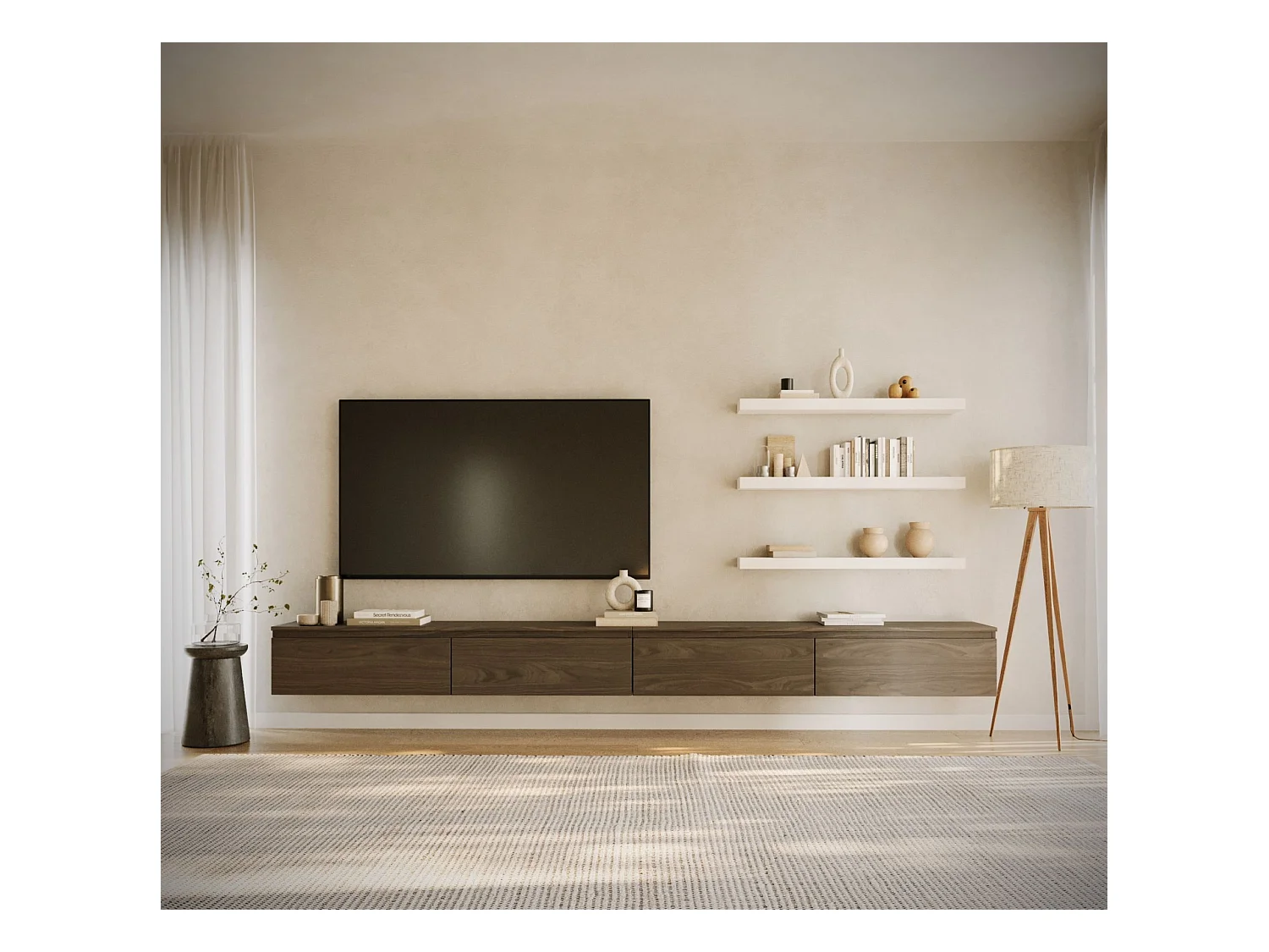 Meuble TV mural à 4 abattants – aspect bois noyer – 300 cm – BEMMI