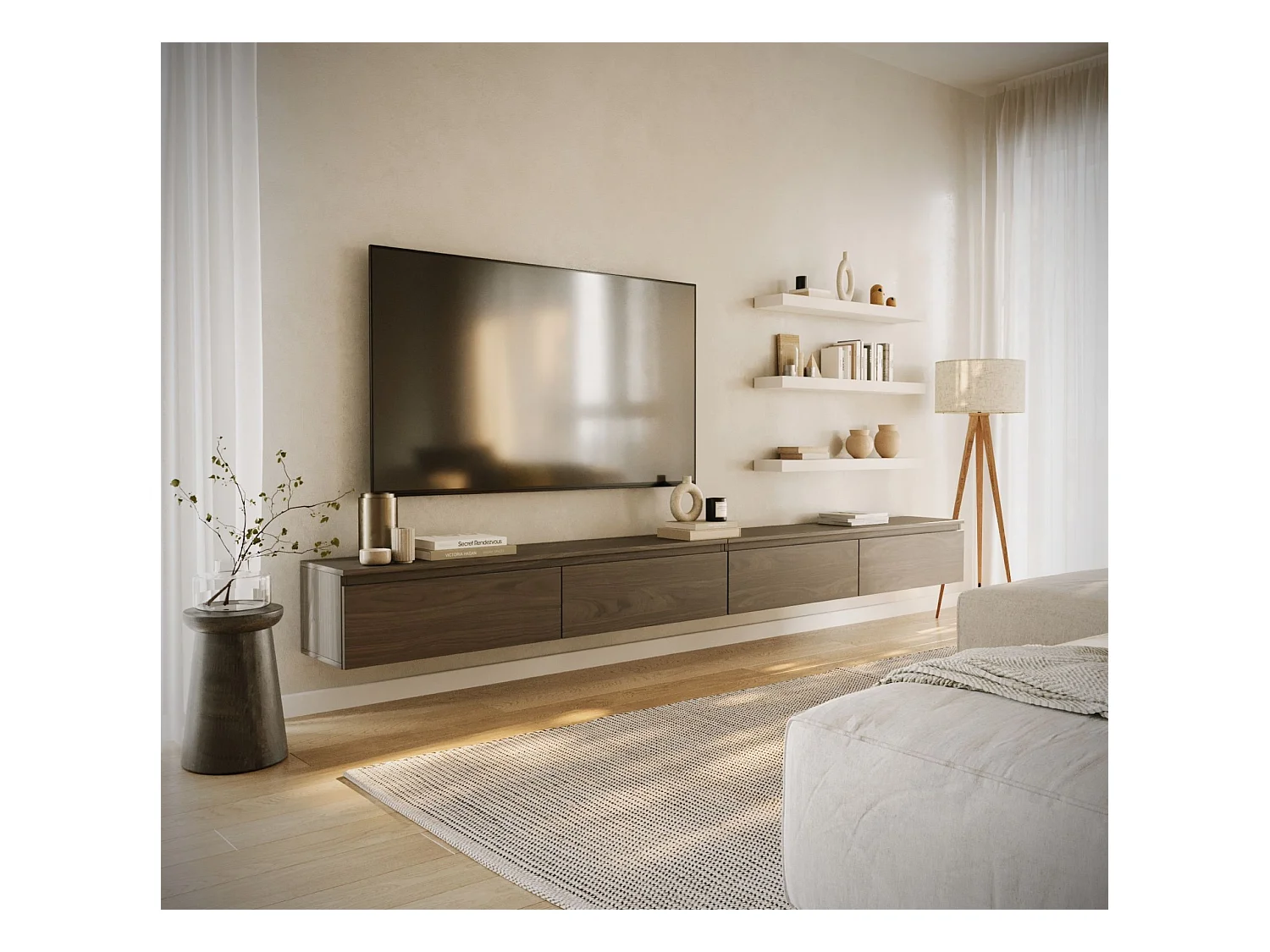 Meuble TV mural à 4 abattants – aspect bois noyer – 300 cm – BEMMI