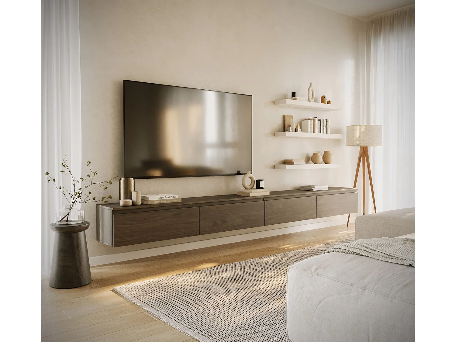 Meuble TV mural à 4 abattants – aspect bois noyer – 300 cm – BEMMI