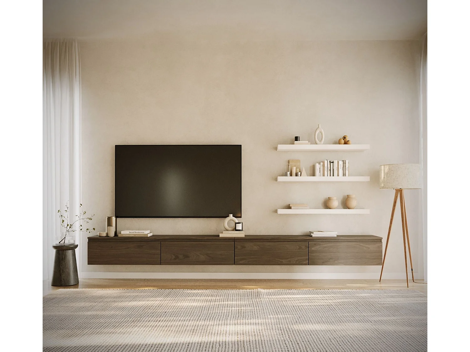 Hangend tv-meubel met 4 kleppen – 300 cm – houtlook walnoot – BEMMI