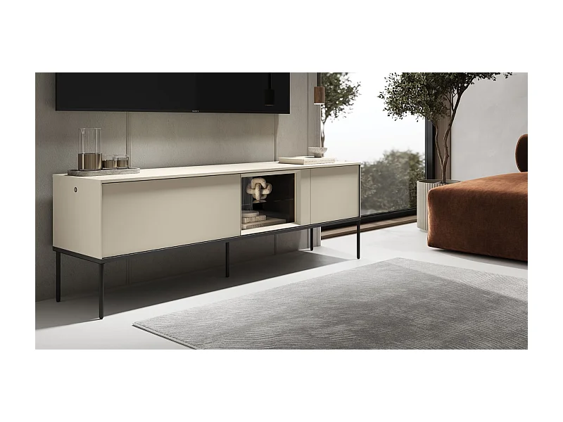 Meuble TV bas avec vitrine en verre éclairée – crème – 166 cm – BELLEZO