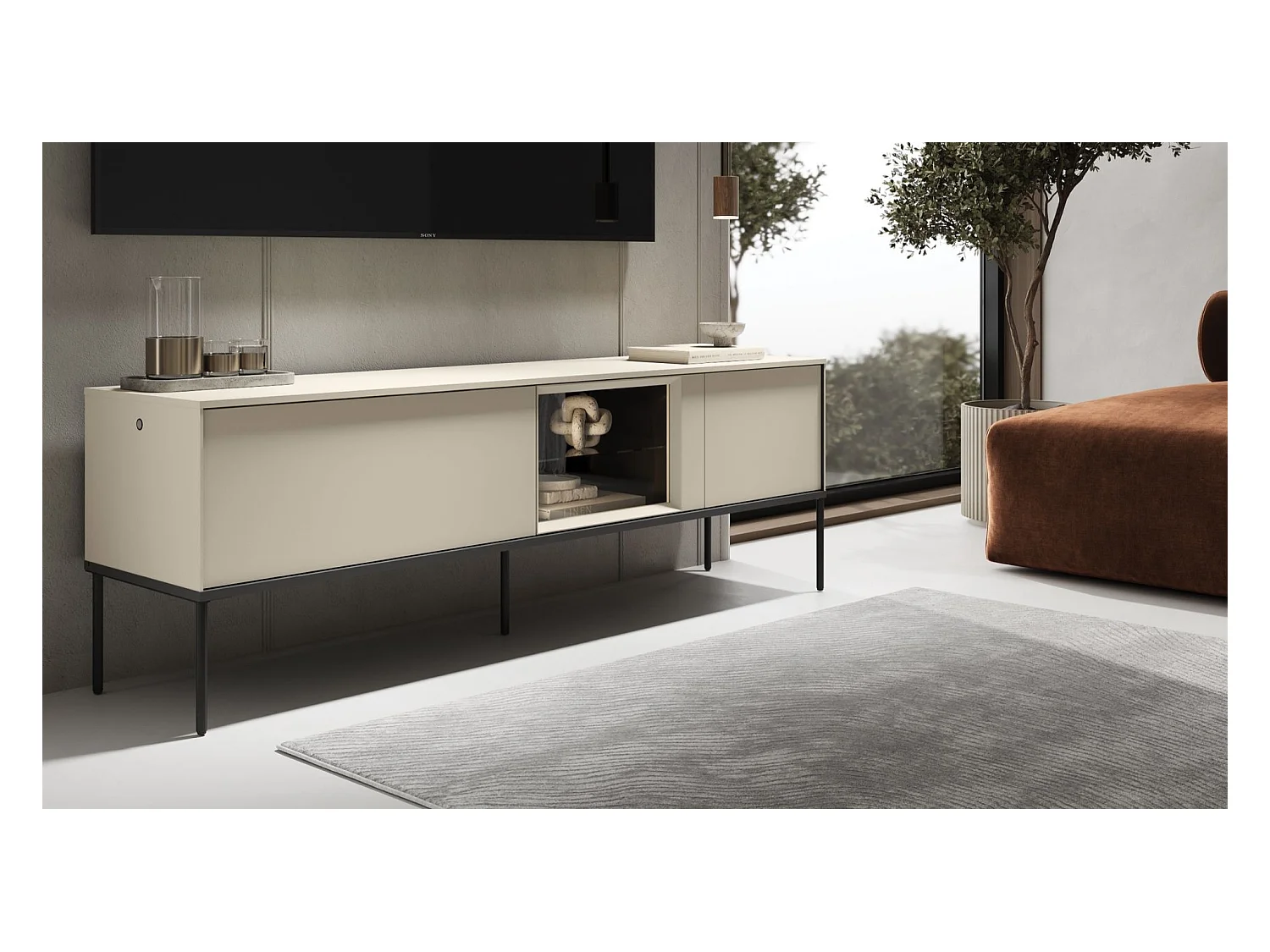 Meuble TV bas avec vitrine en verre éclairée – crème – 166 cm – BELLEZO