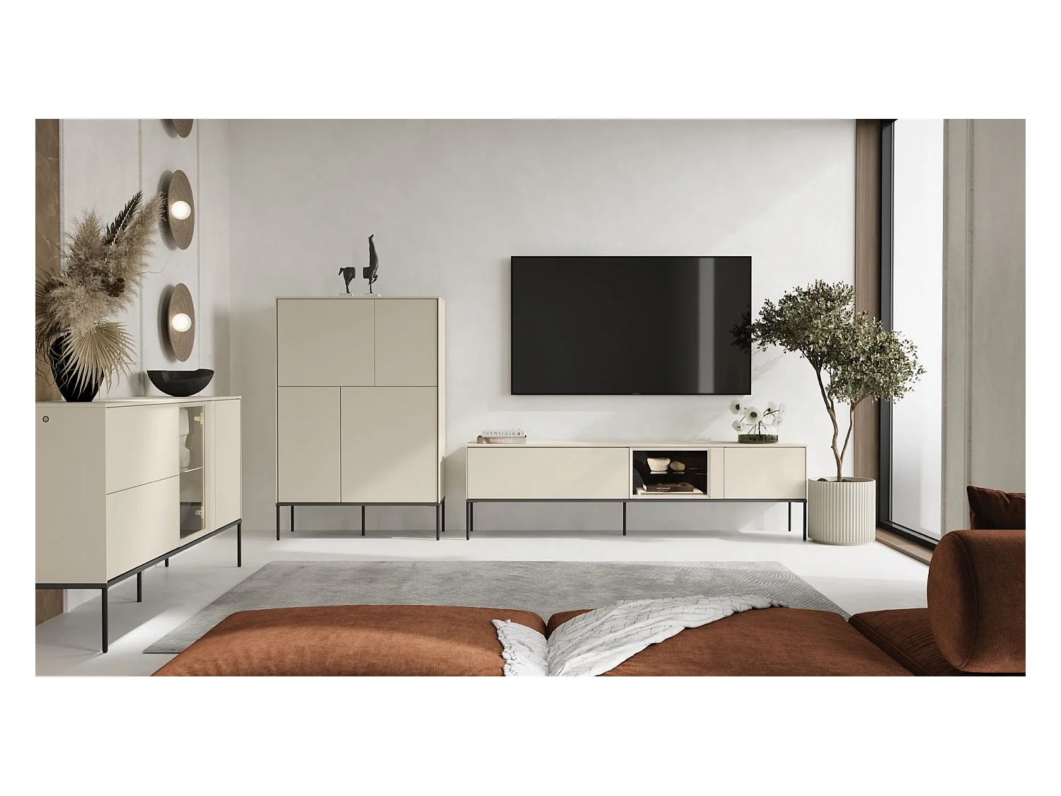 Meuble TV bas avec vitrine en verre éclairée – crème – 166 cm – BELLEZO