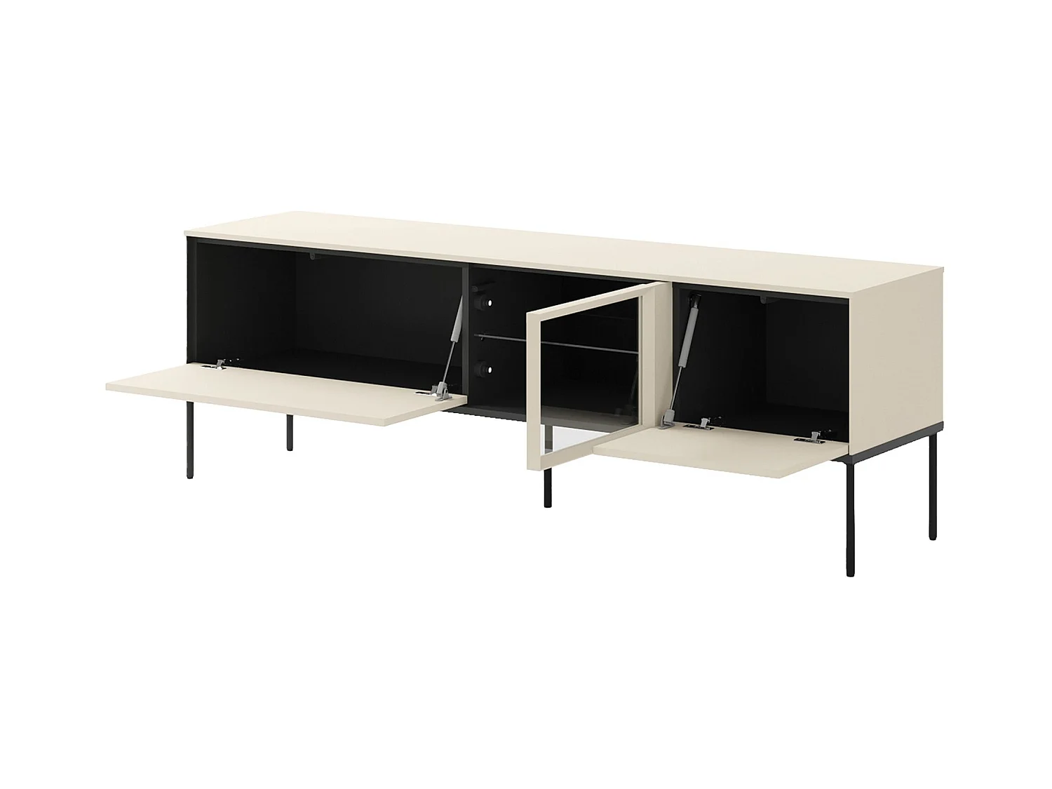 Meuble TV bas avec vitrine en verre éclairée – crème – 166 cm – BELLEZO