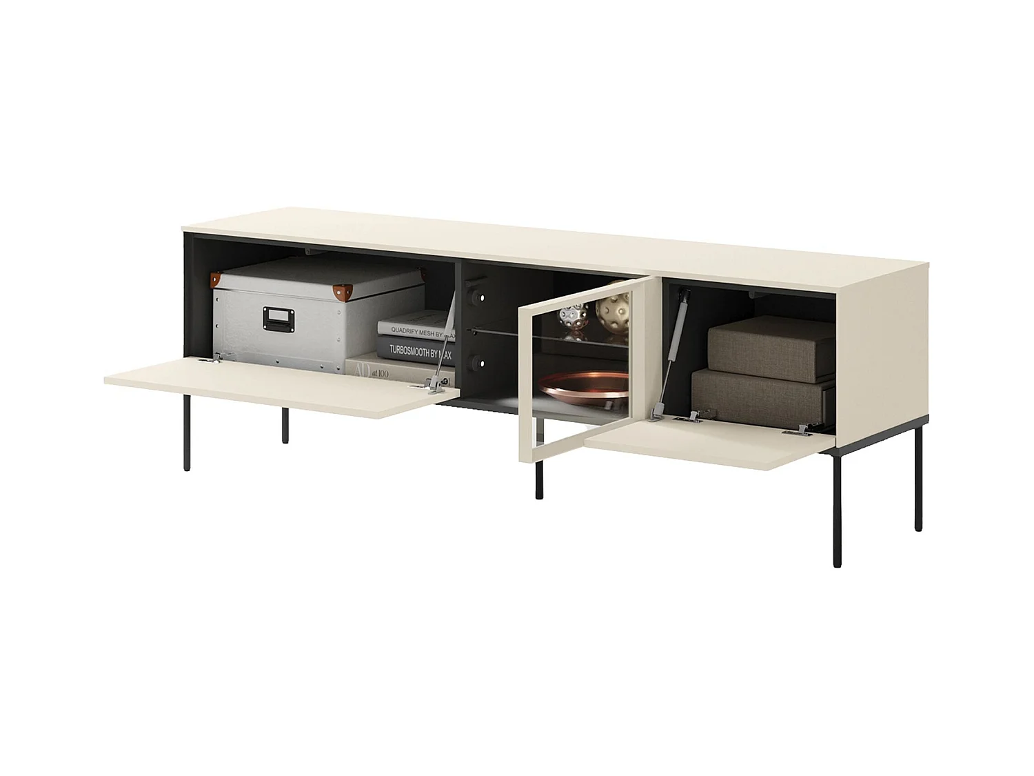 Meuble TV bas avec vitrine en verre éclairée – crème – 166 cm – BELLEZO