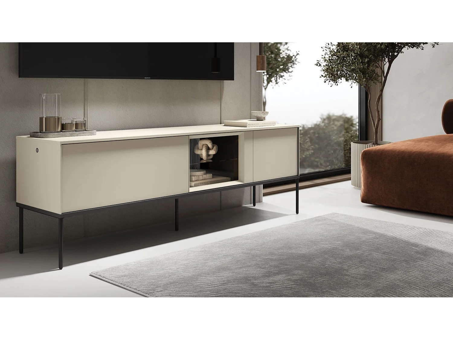 Meuble TV bas avec vitrine en verre éclairée – crème – 166 cm – BELLEZO