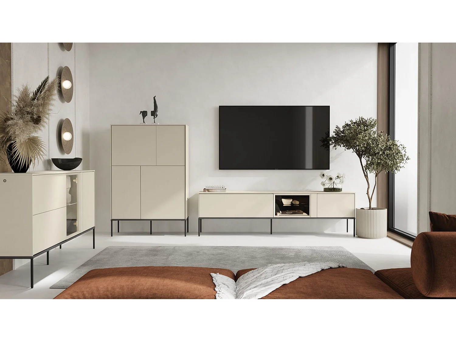 Meuble TV bas avec vitrine en verre éclairée – crème – 166 cm – BELLEZO