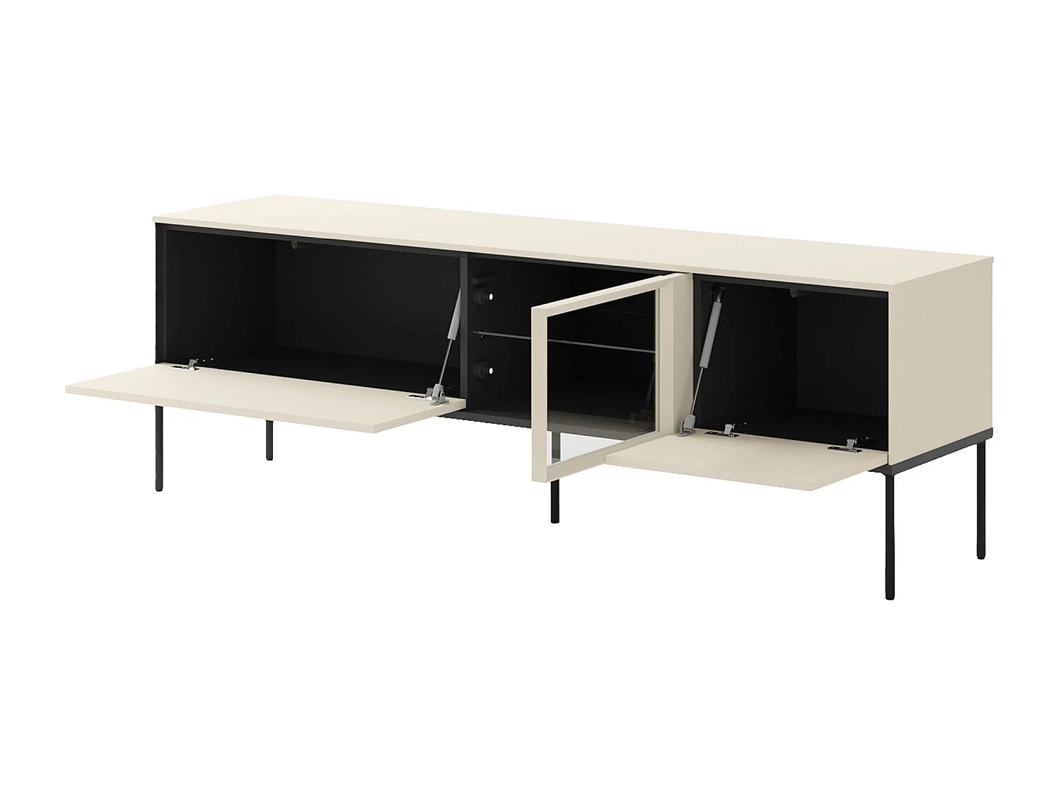 Meuble TV bas avec vitrine en verre éclairée – crème – 166 cm – BELLEZO