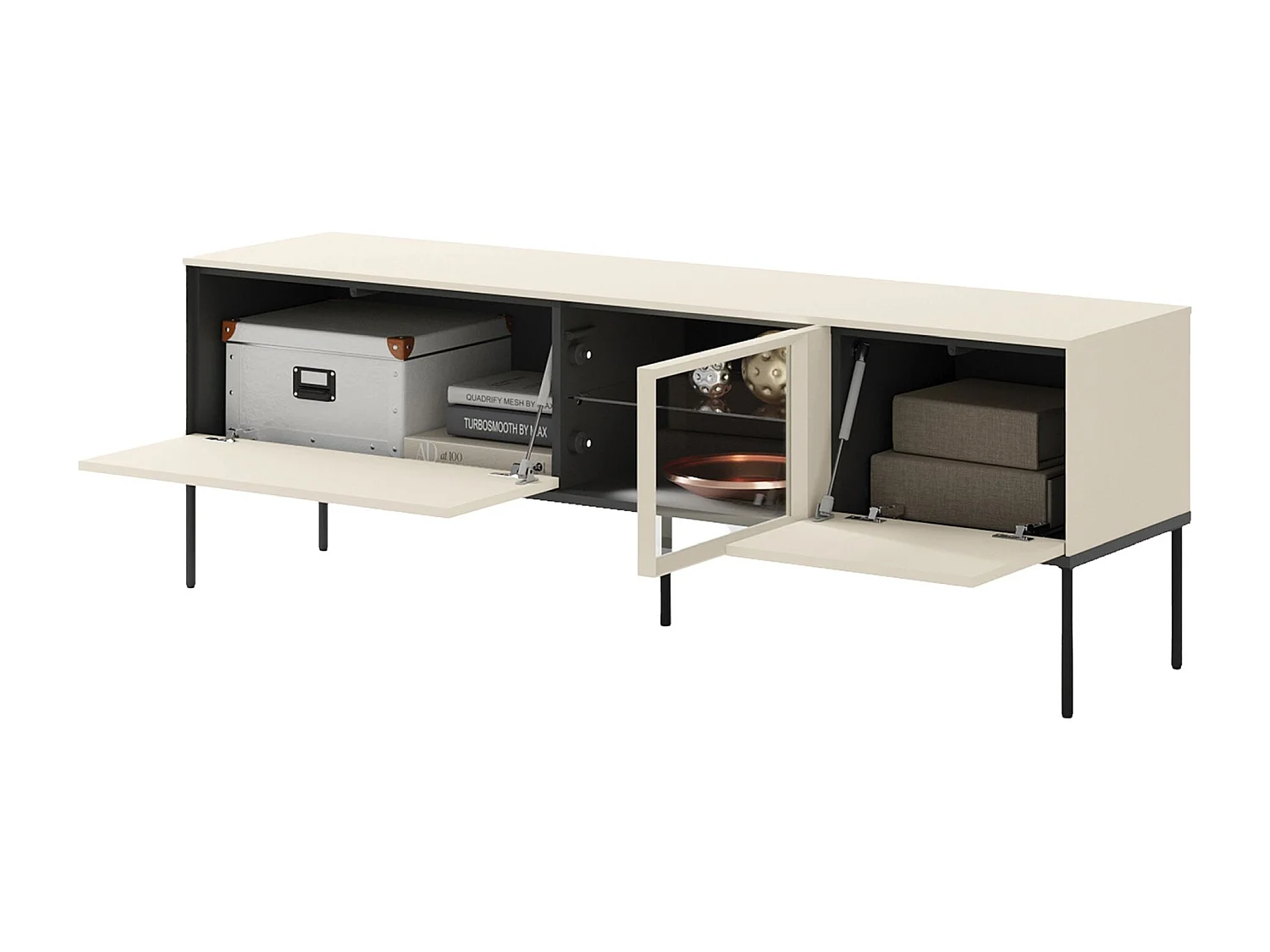 Meuble TV bas avec vitrine en verre éclairée – crème – 166 cm – BELLEZO