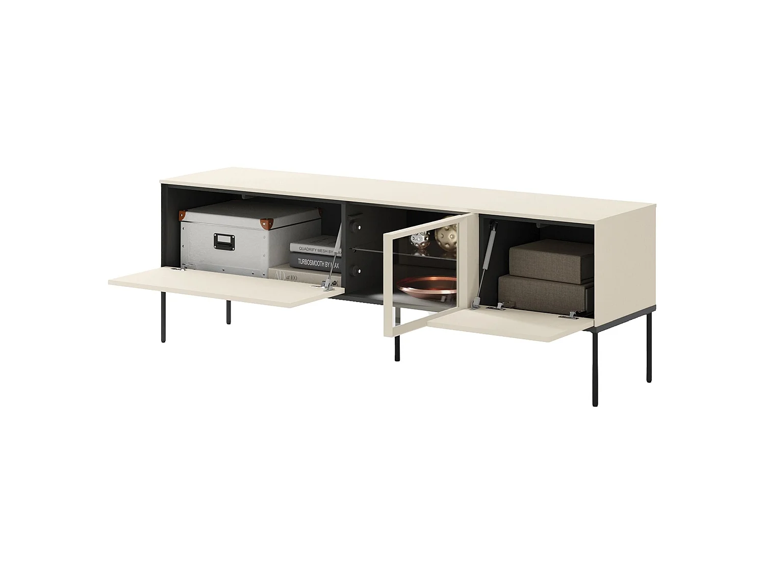 TV-lowboard met verlichte vitrinekast van glas – 166 cm – crème – BELLEZO