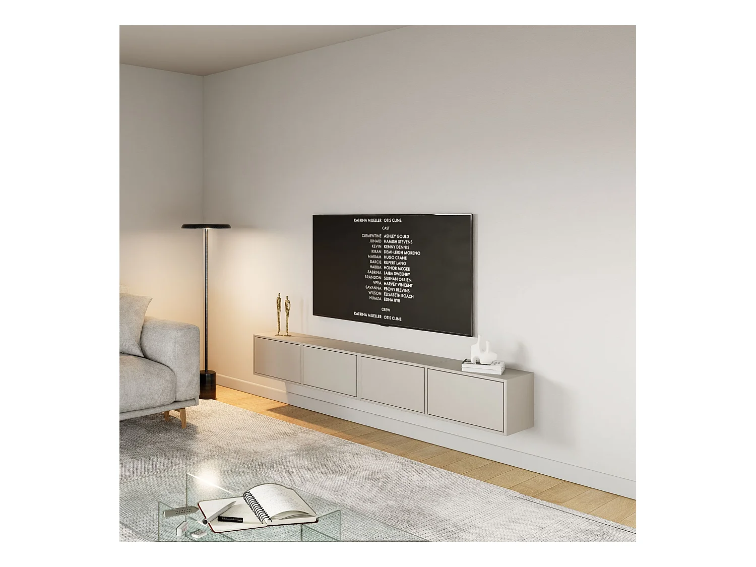 Meuble TV mural à 4 abattants – gris cachemire – 200 cm – FRAMME