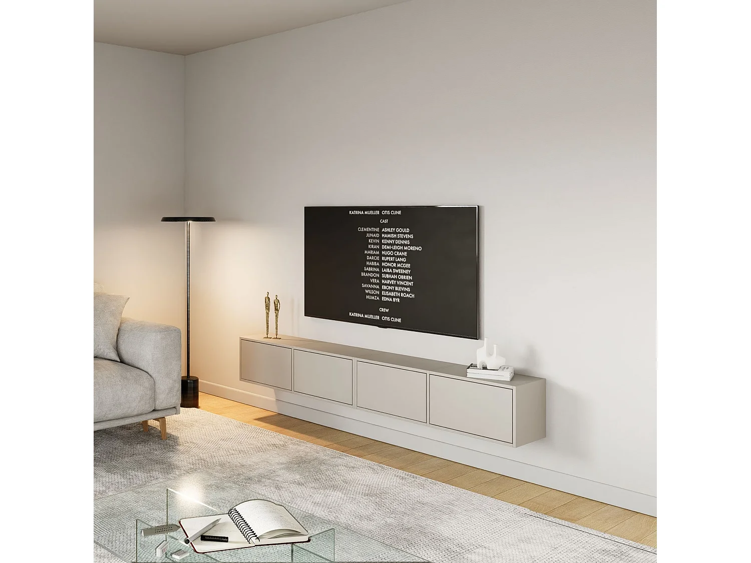 Hängendes TV-Board mit vier Klappen 200 cm – Kaschmirgrau – FRAMME