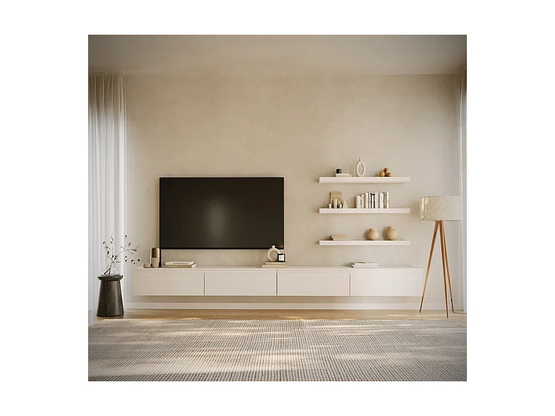 Meuble TV mural à 4 abattants – blanc – 300 cm – BEMMI