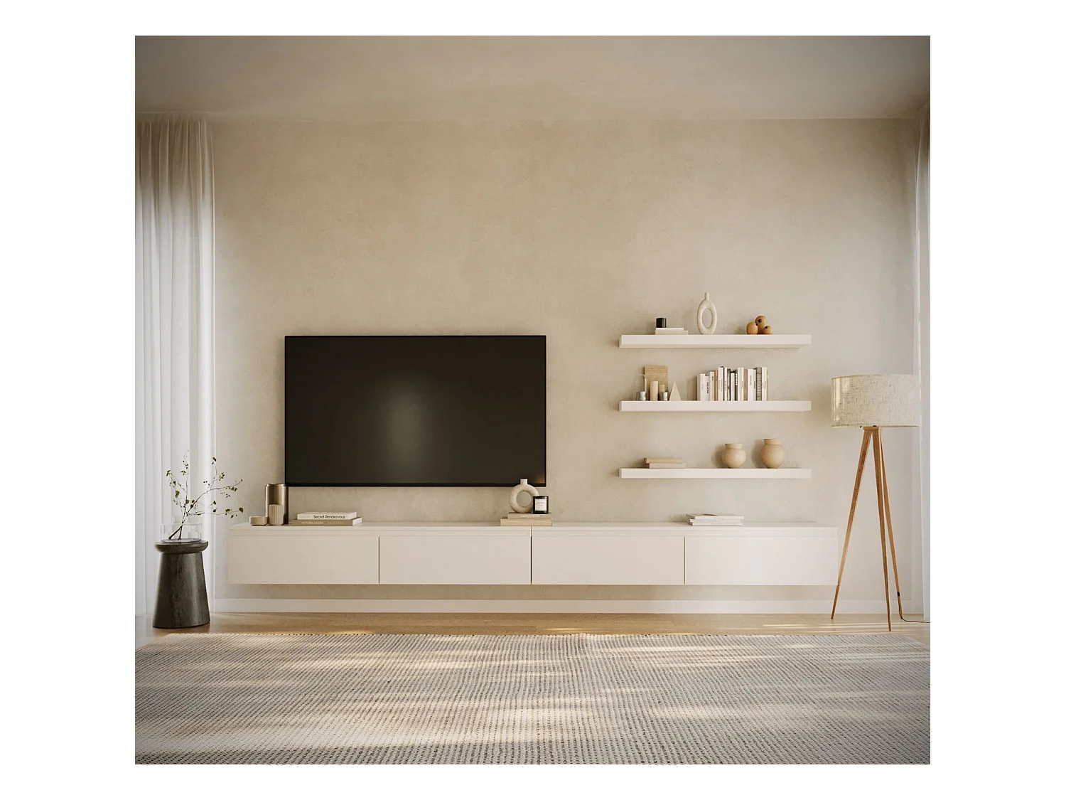 Hangend tv-meubel met 4 kleppen – 300 cm – wit – BEMMI