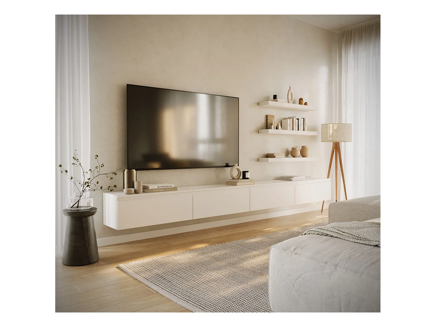 Hangend tv-meubel met 4 kleppen – 300 cm – wit – BEMMI