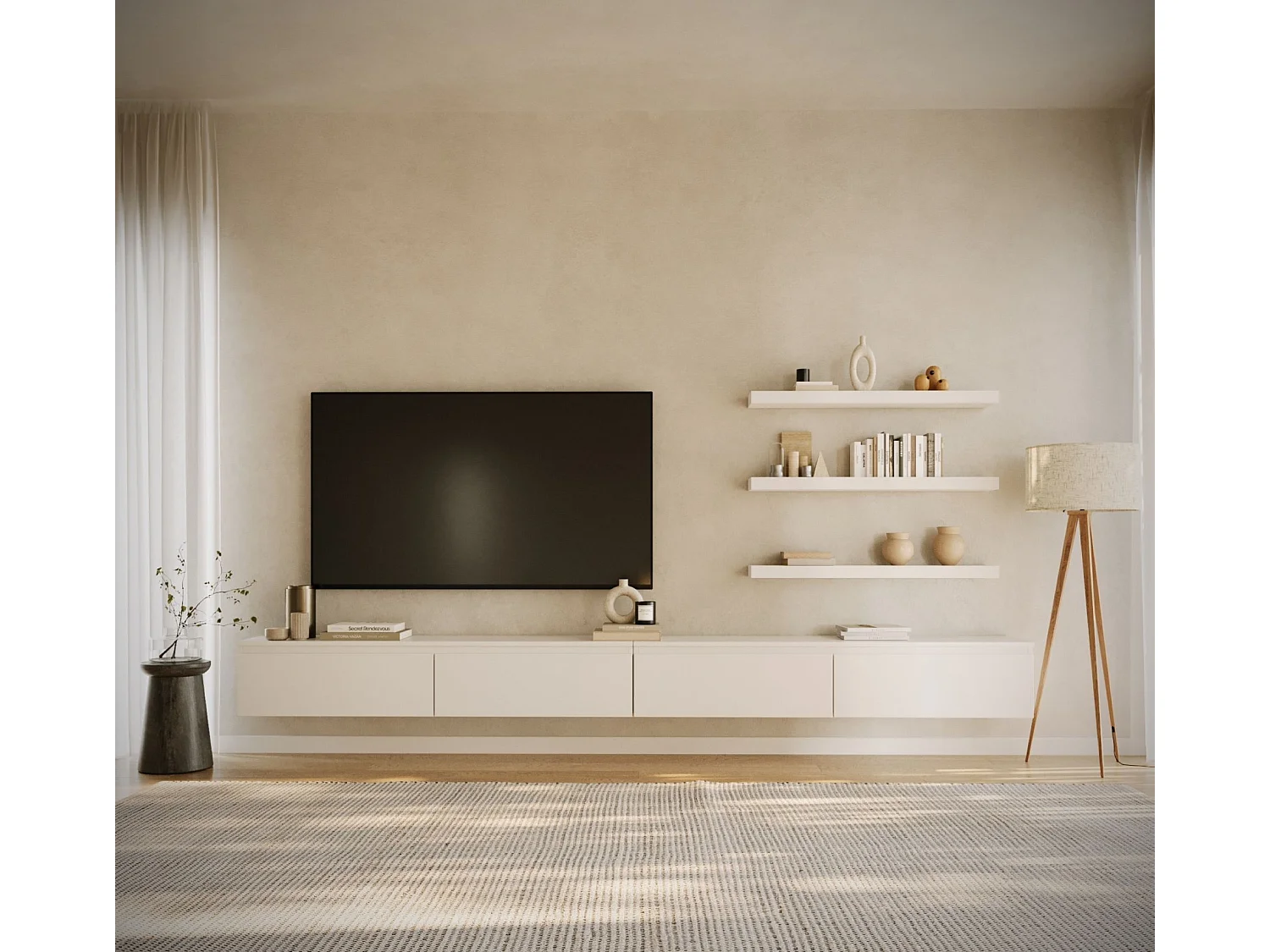 Meuble TV mural à 4 abattants – blanc – 300 cm – BEMMI