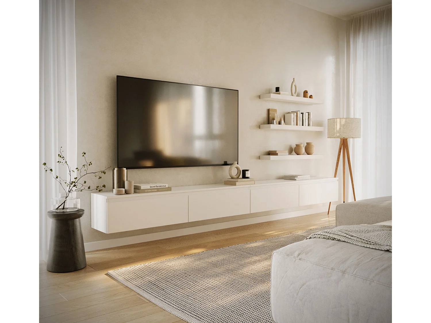 Meuble TV mural à 4 abattants – blanc – 300 cm – BEMMI