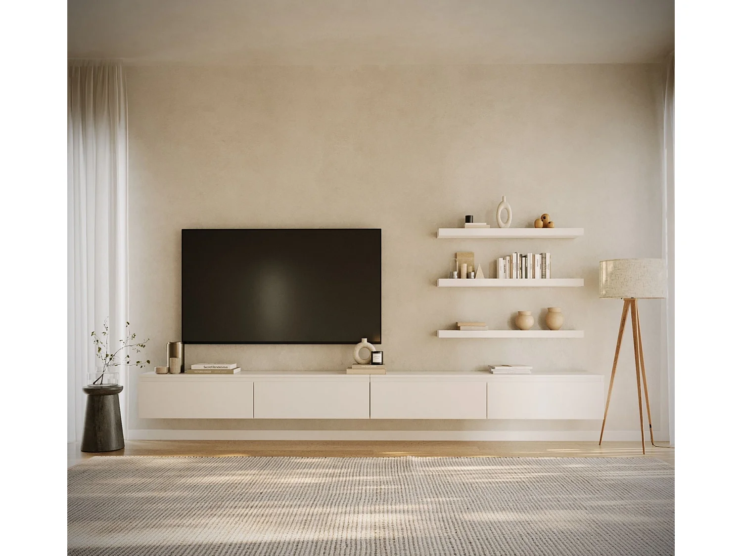Hangend tv-meubel met 4 kleppen – 300 cm – wit – BEMMI