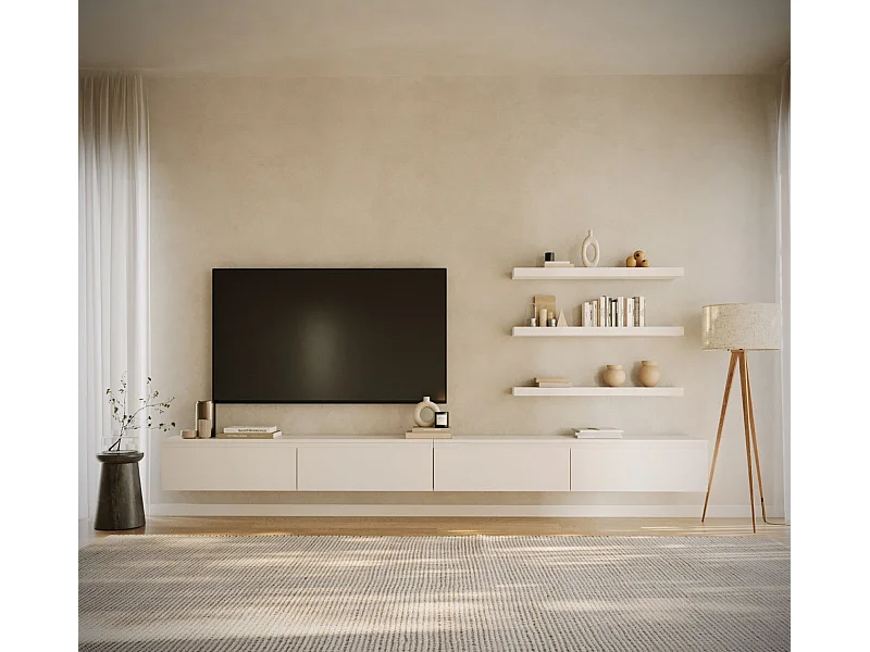 Meuble TV mural à 4 abattants – blanc – 300 cm – BEMMI