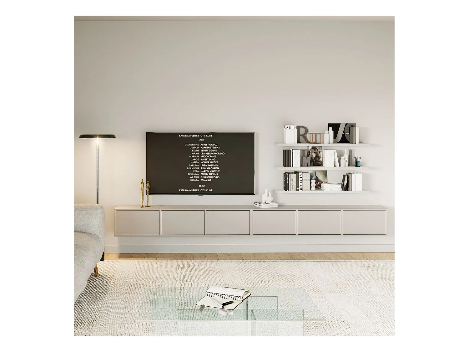 Meuble TV mural à 6 abattants – gris cachemire – 300 cm – FRAMME