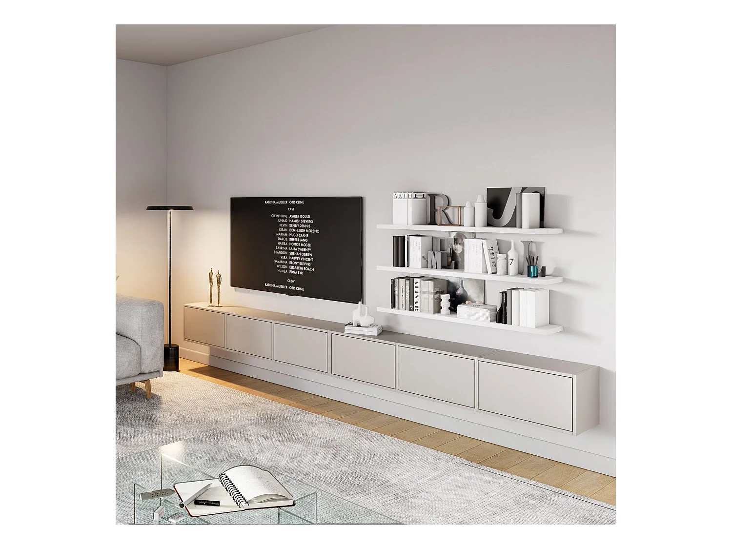 Meuble TV mural à 6 abattants – gris cachemire – 300 cm – FRAMME