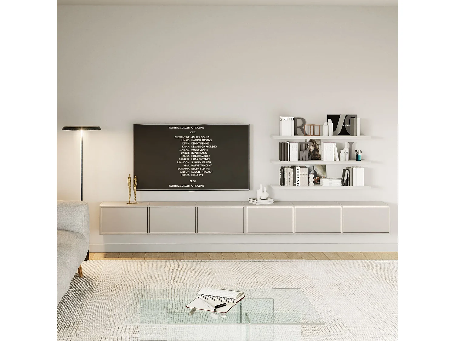 Hängendes TV-Board mit sechs Klappen 300 cm – Kaschmirgrau – FRAMME