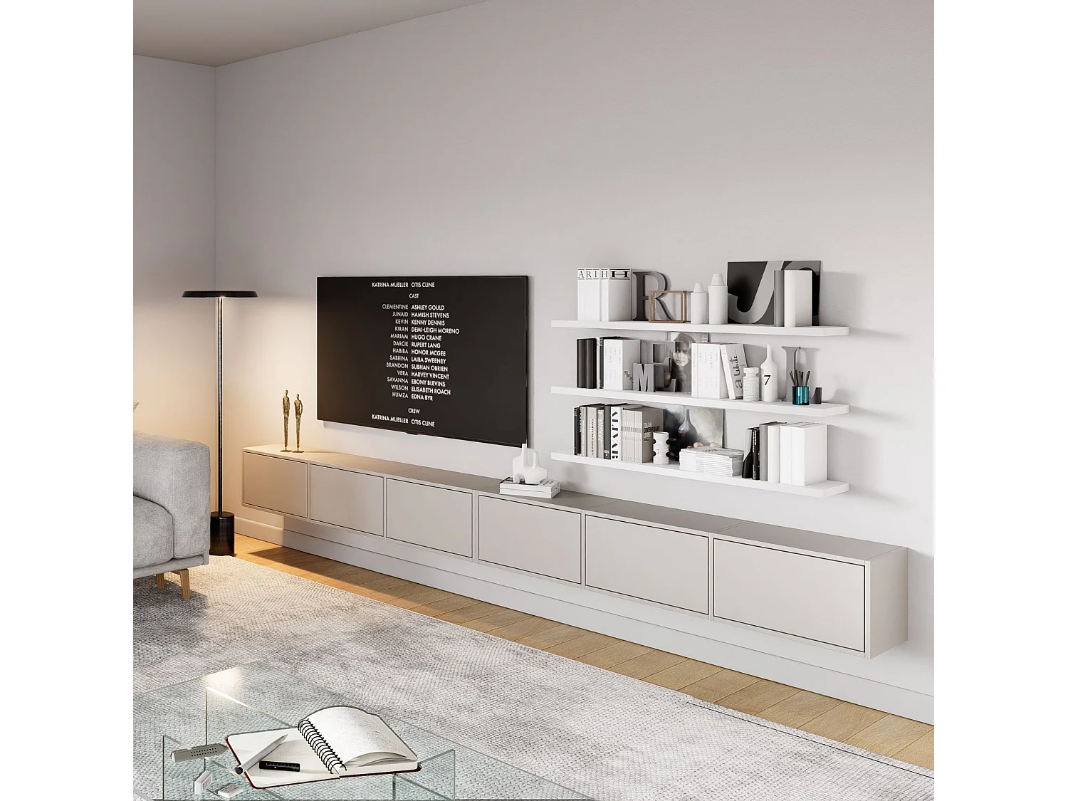 Hängendes TV-Board mit sechs Klappen 300 cm – Kaschmirgrau – FRAMME