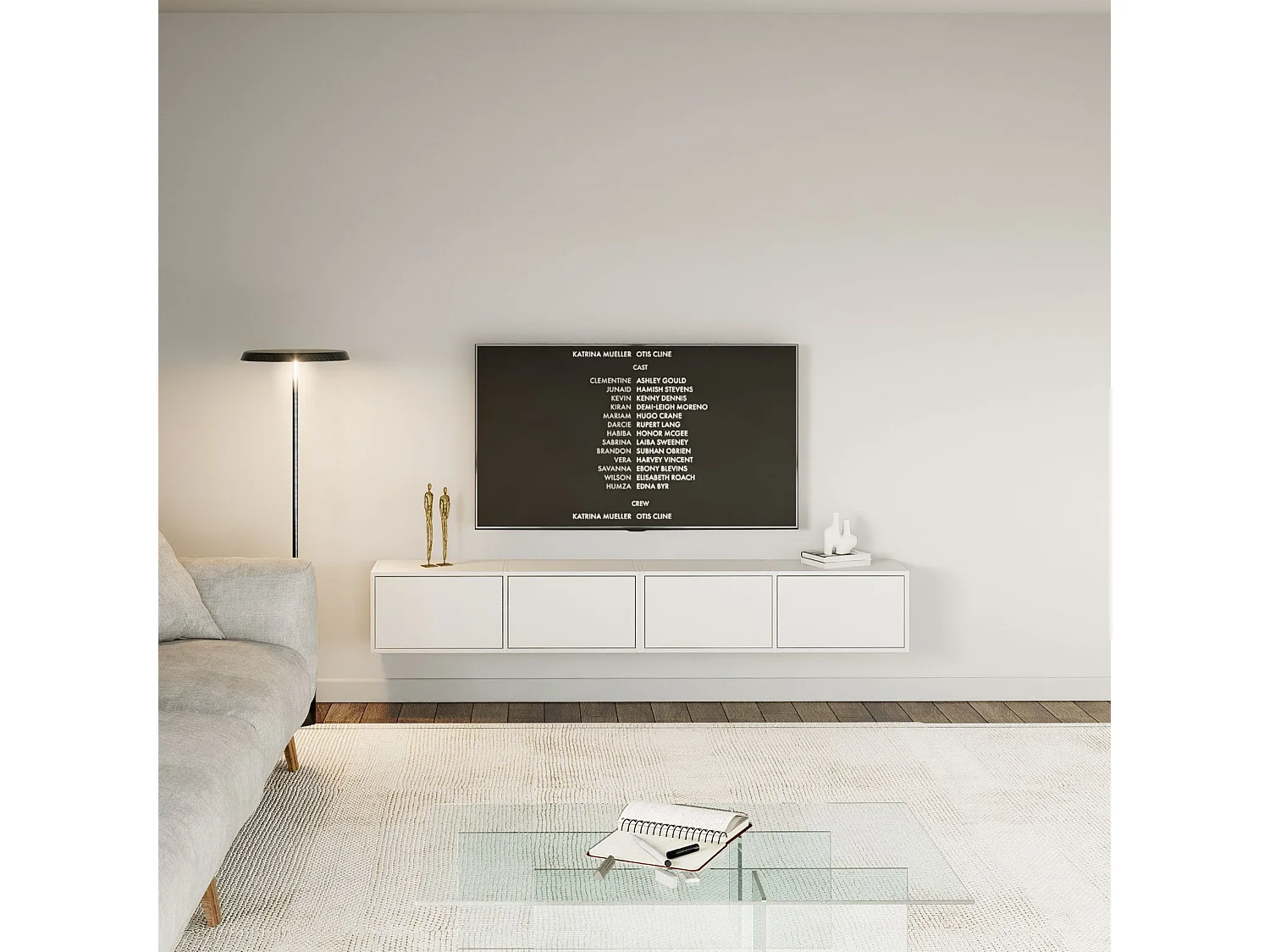 Meuble TV mural à 4 abattants – blanc – 200 cm – FRAMME