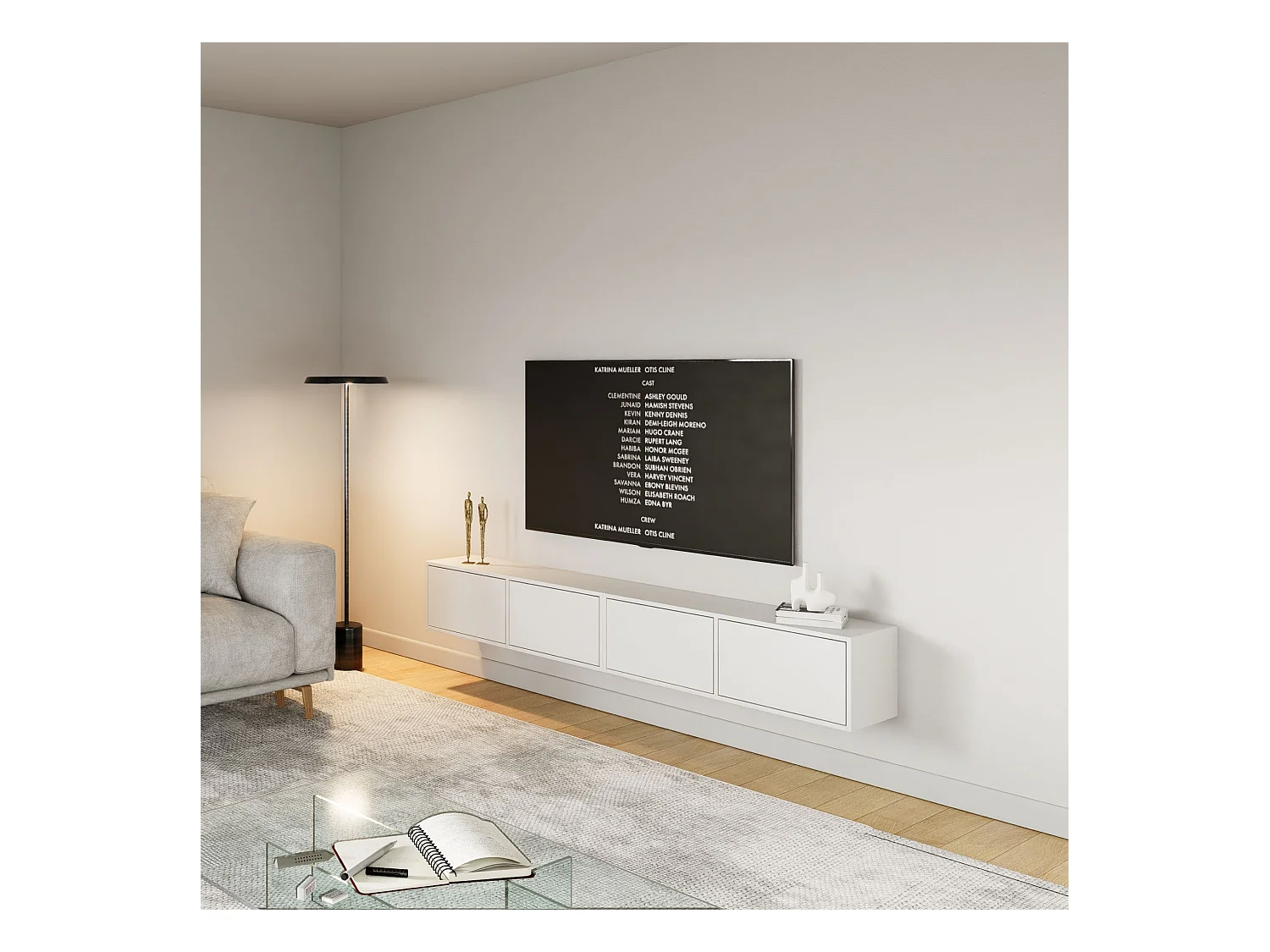 Meuble TV mural à 4 abattants – blanc – 200 cm – FRAMME