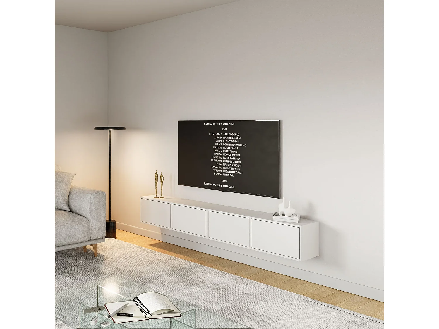 Meuble TV mural à 4 abattants – blanc – 200 cm – FRAMME