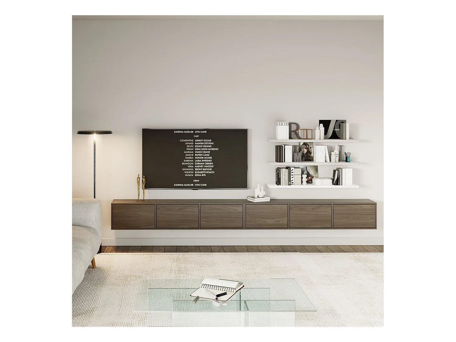 Hangend tv-meubel met 6 kleppen – 300 cm – houtlook walnoot Wisconsin – FRAMME